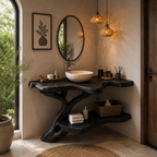 Tree Root Bathroom Vanity Shelf – Handmade Solid Wood Floating Vanity for Organic Luxury Bathrooms