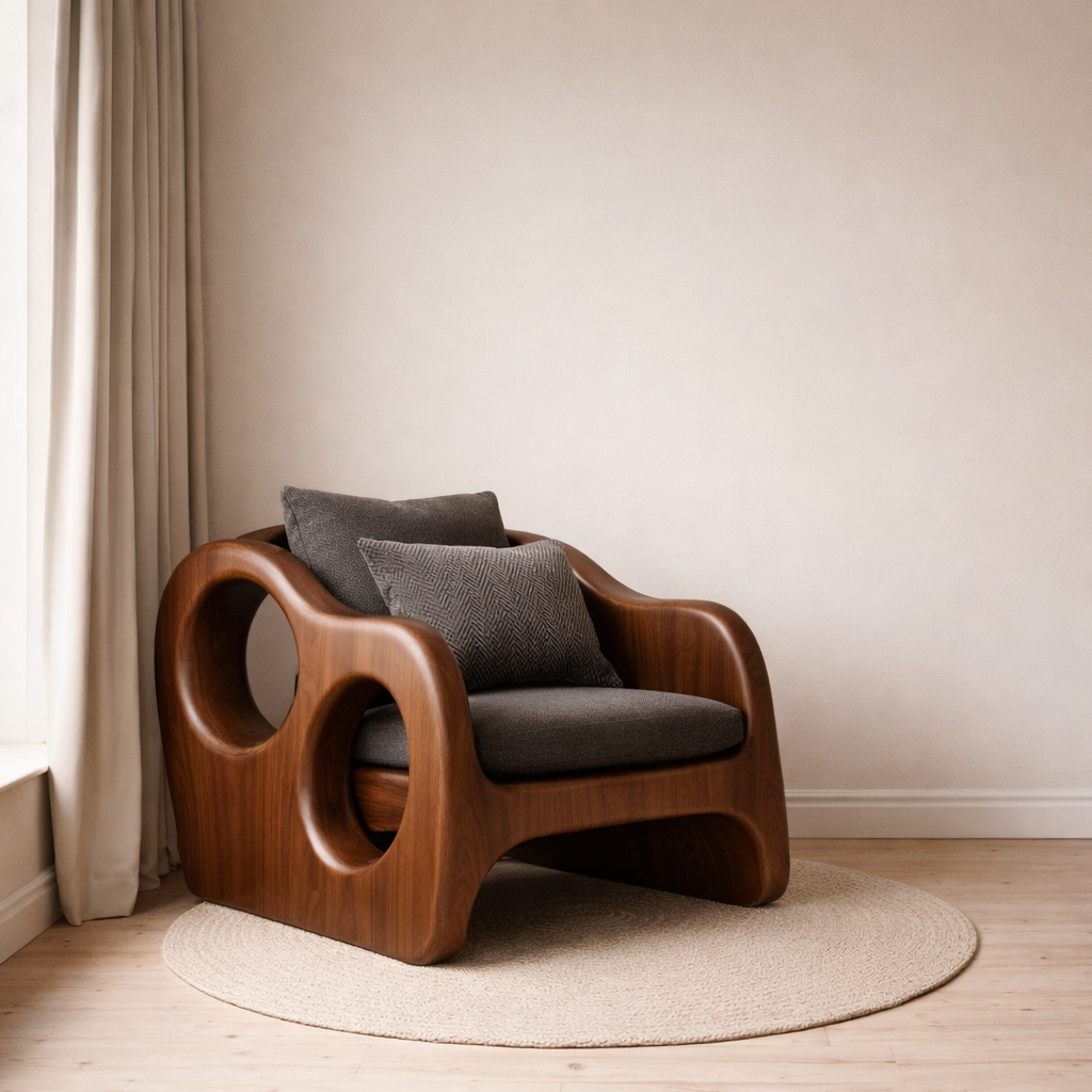 Solid Wood Sculptural Lounge Chair with Circular Arms – Statement Accent Seating