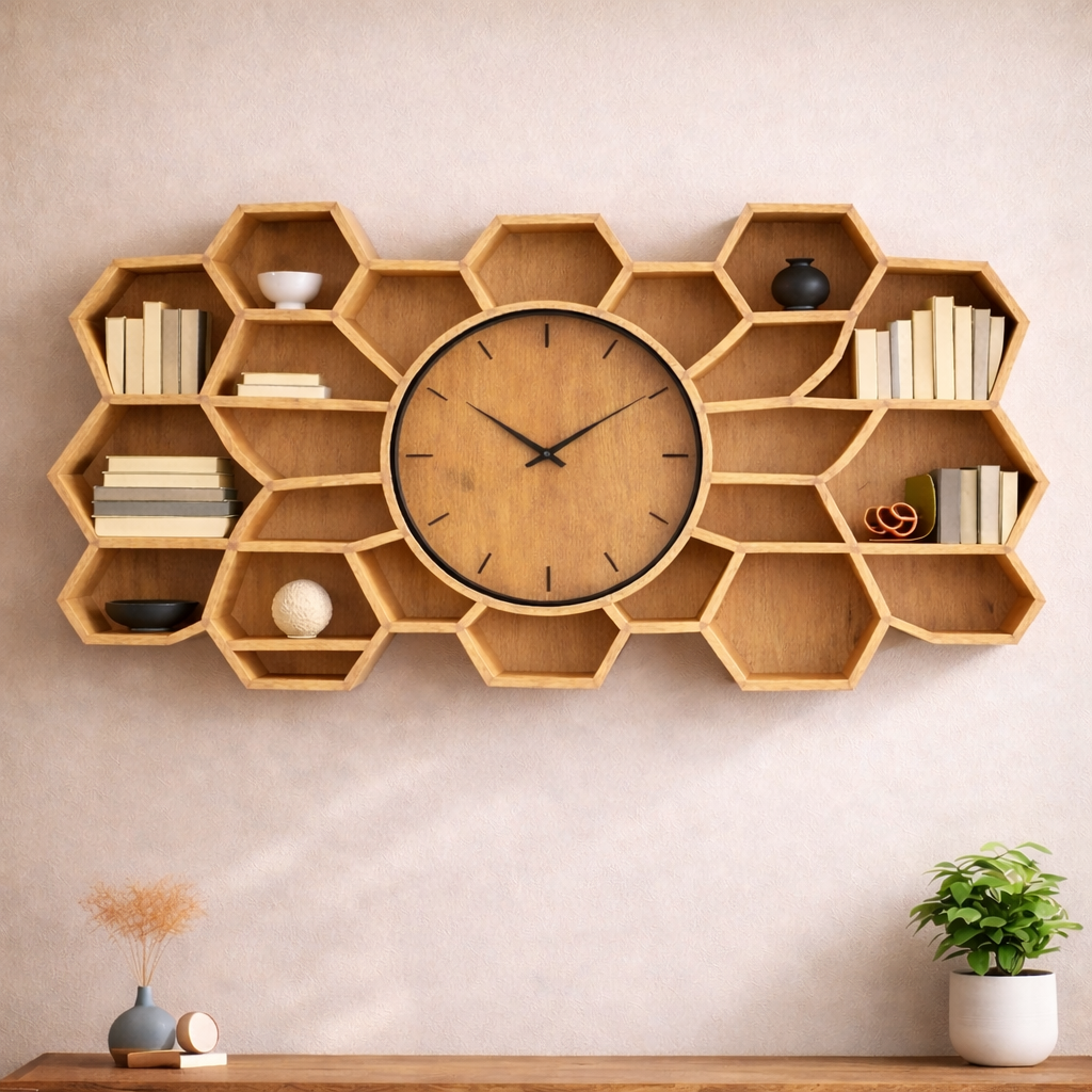 Solid Wood Sculptural Honeycomb Wall Clock – Modern Functional Art