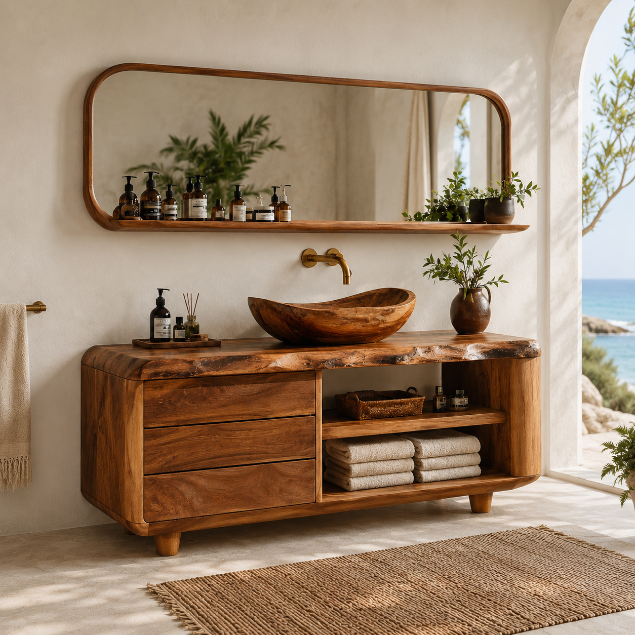 Live Edge Wood Bathroom Vanity – Solid Wood Sink Cabinet with Mirror Shelf for Bathroom Decor