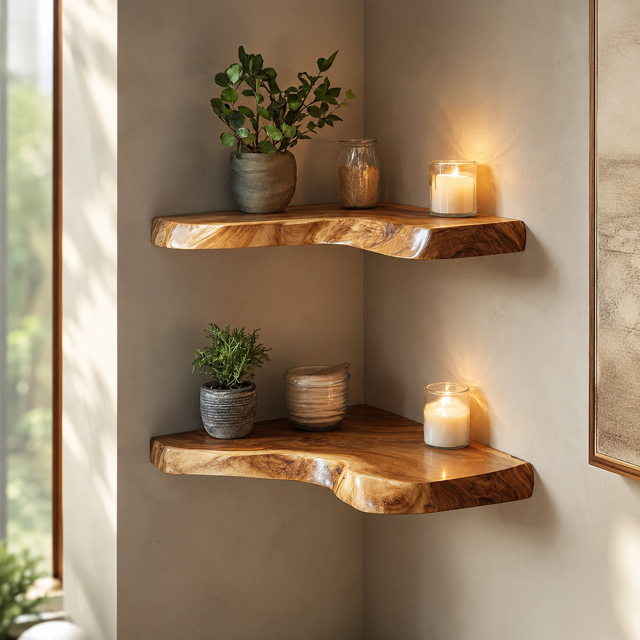 Live Edge Corner Shelves – Solid Wood Floating Shelves for Home Decor
