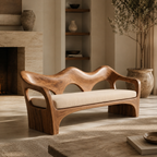 Sculptural Sofa Bench – Solid Wood Bench with Cushioned Seat