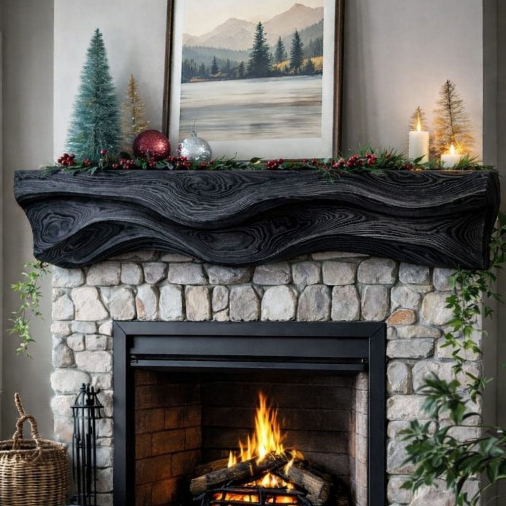 Solid Wood Live Edge Fireplace Mantel Shelf – Rustic Design