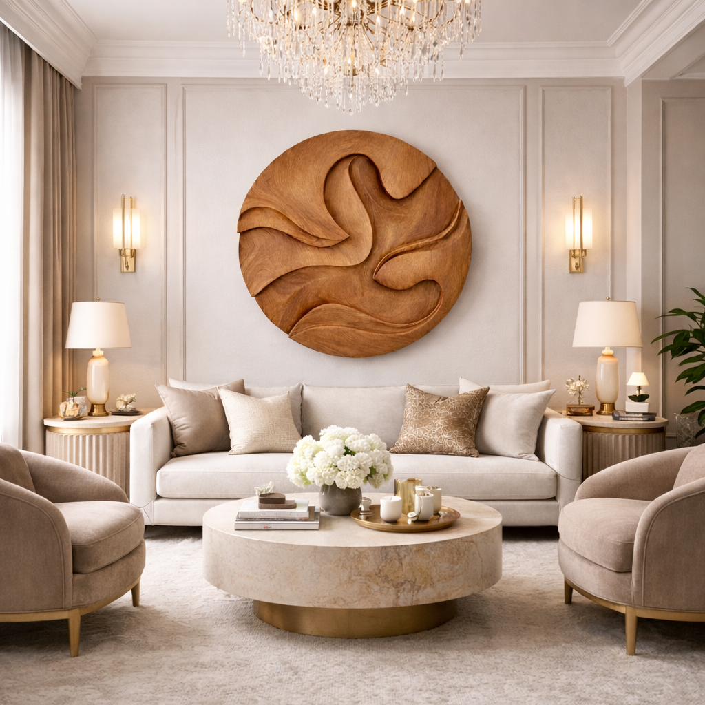 Hand-Carved Solid Wood Wall Art Panel – Organic Round Sculpture