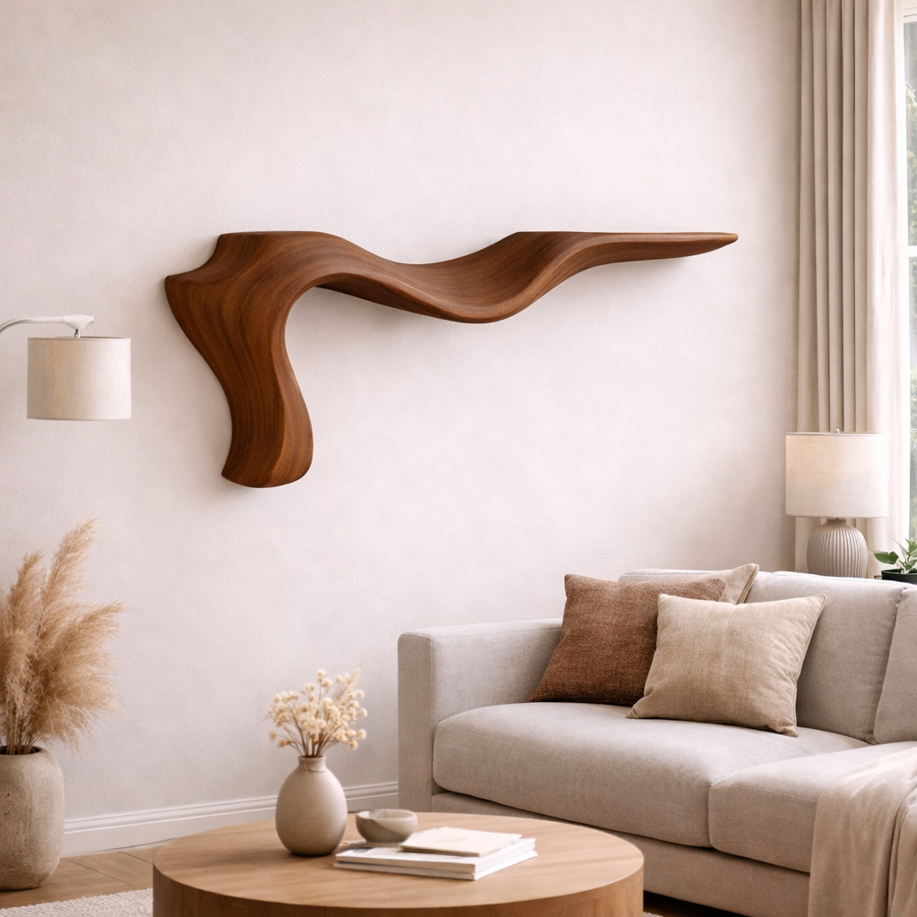 Sculptural Wooden Floating Wall Shelf – Organic Modern Décor