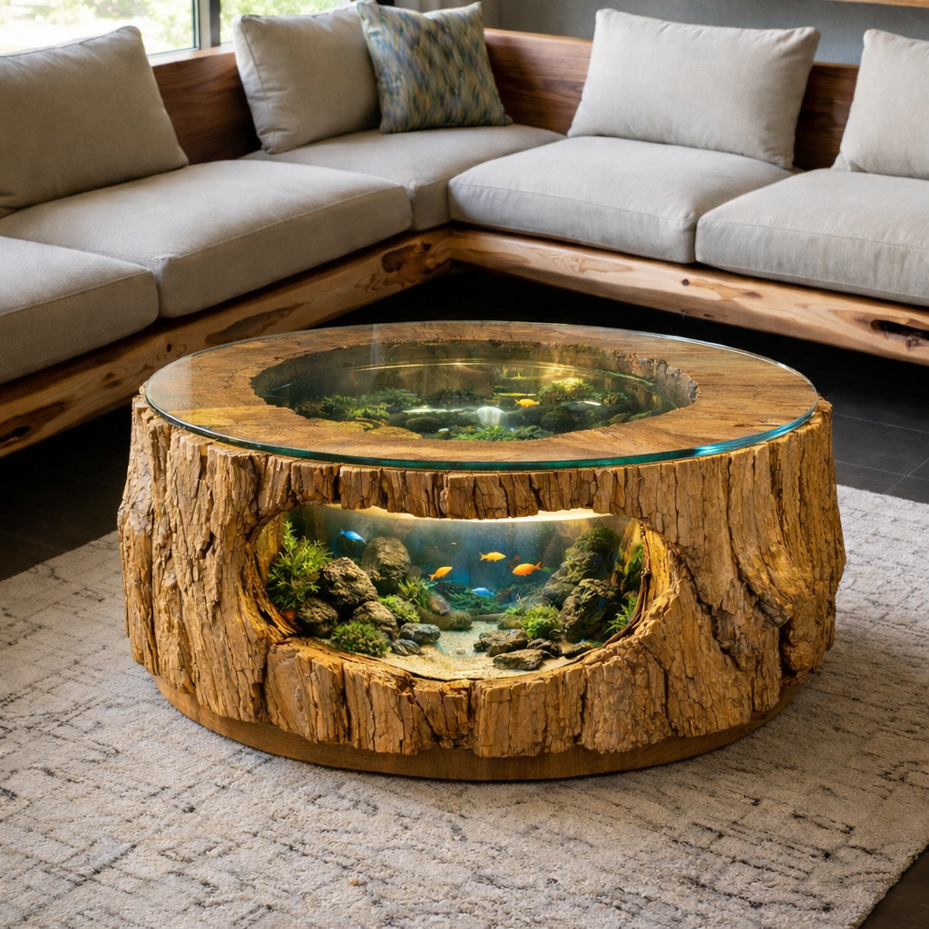 Solid Wood Live Edge Aquarium Coffee Table – Tree Trunk Fish Tank Design