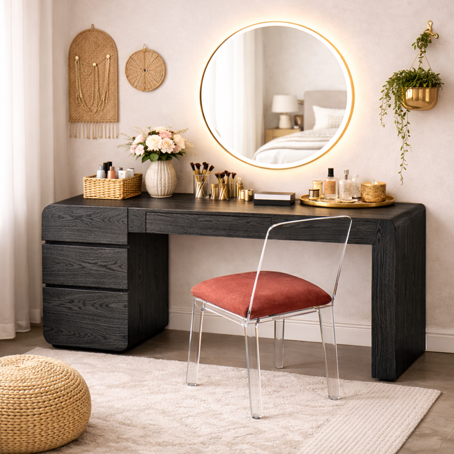 Modern Solid Wood Makeup Vanity Table – Handcrafted Wooden Dressing Table with Drawers for Bedroom Main Image