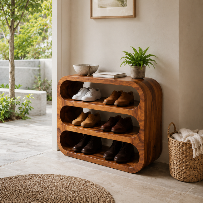 Curved Wood Shoe Rack – Solid Wood Entryway Shoe Storage Shelf for Home Decor Main Image