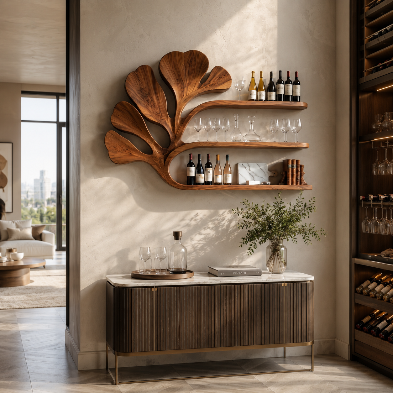 Ginkgo Leaf Wood Bar Shelf – Solid Wood Wall Mounted Wine Display Shelf for Kitchen Decor