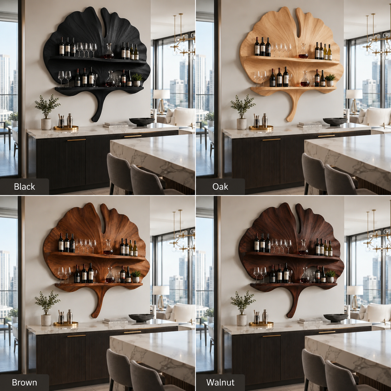 Ginkgo Leaf Wood Wall Shelf – Solid Wood Wine Display Shelf for Dining Room Decor