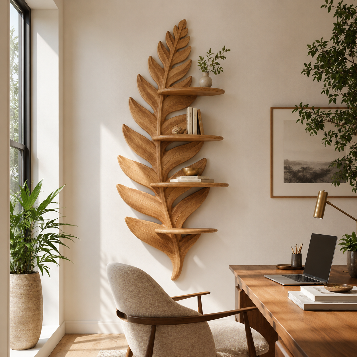 Fern Leaf Wood Wall Shelf – Solid Wood Floating Display Shelf for Living Room Decor