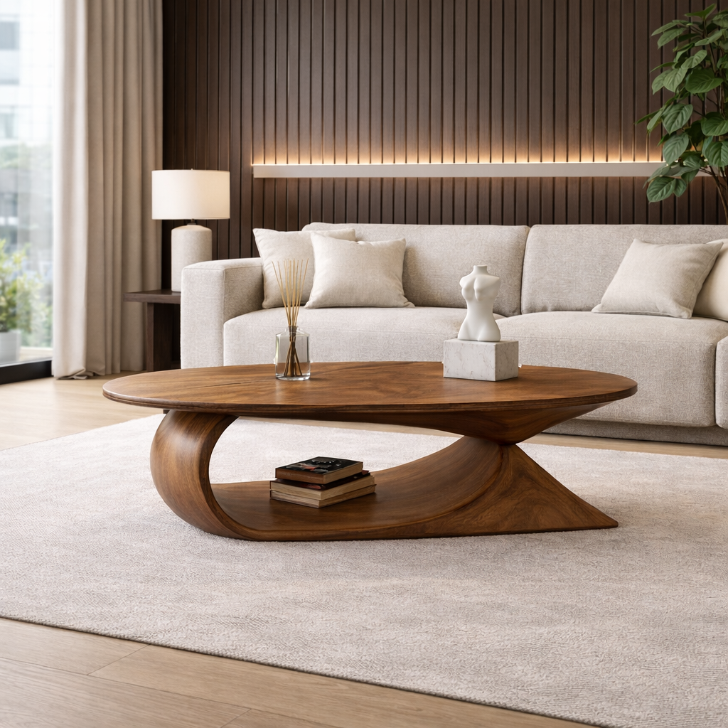 Sculptural Solid Wood Coffee Table – Organic Curved Design
