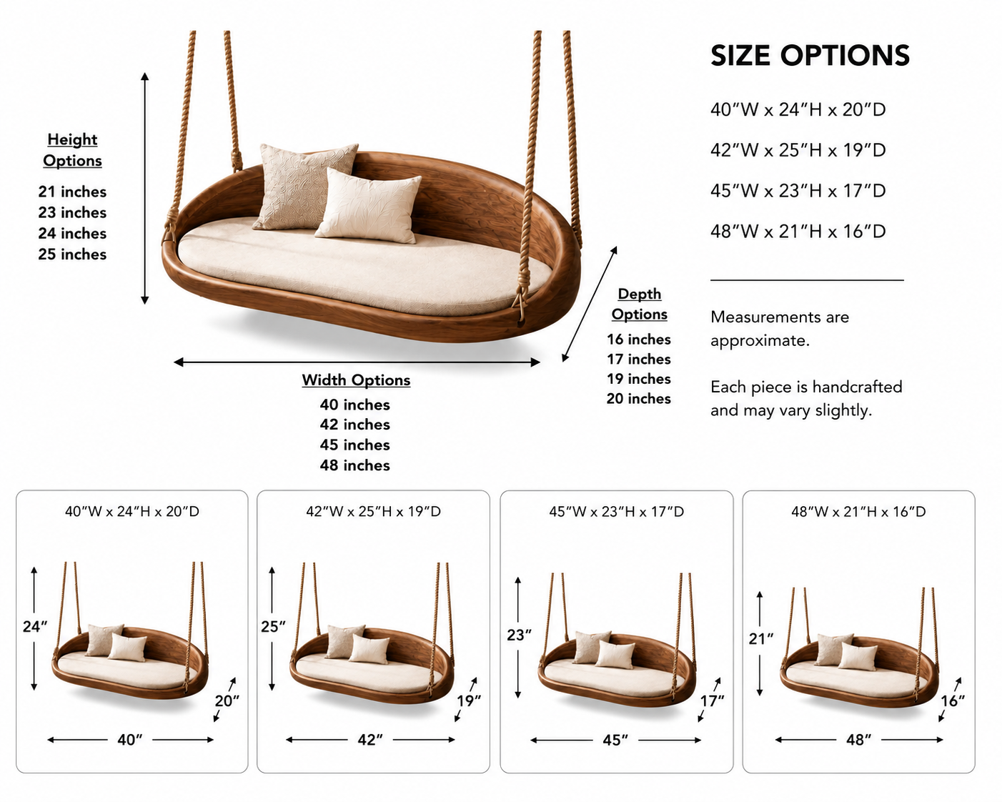 Round Wood Hanging Swing Sofa – Solid Wood Indoor Porch Swing with Cushions for Sunroom Decor