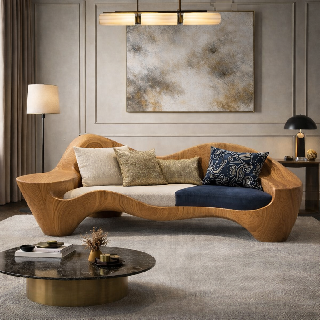 Solid Wood Curved Lounge Sofa – Sculptural Accent Sofa for Modern Interiors