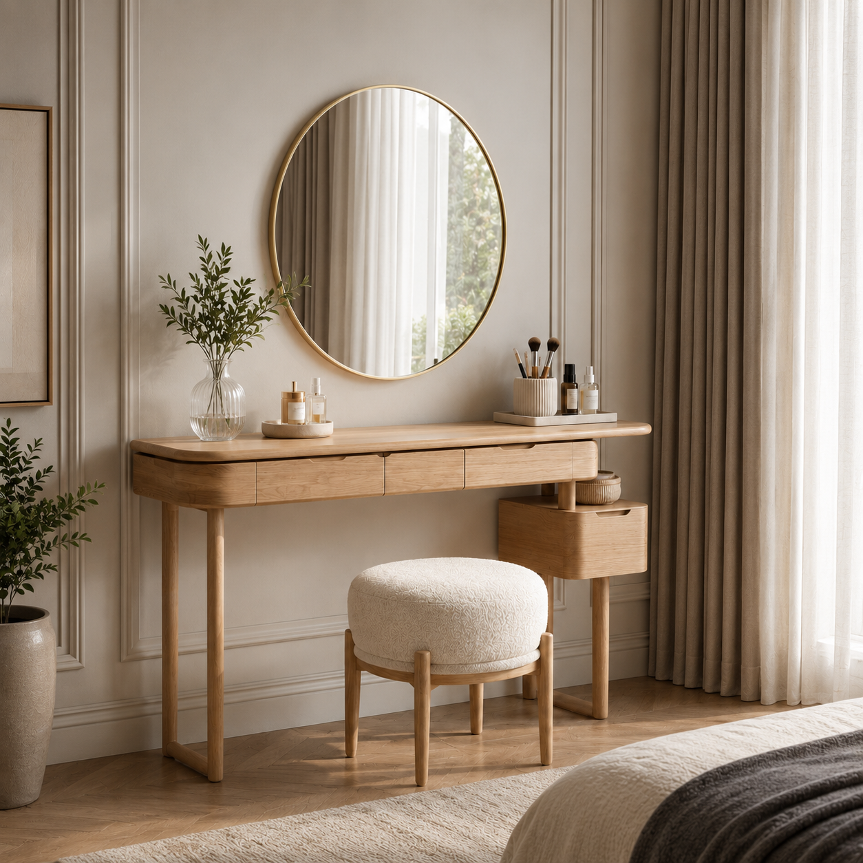 Makeup Vanity Table – Solid Wood Vanity with Round Mirror and Stool