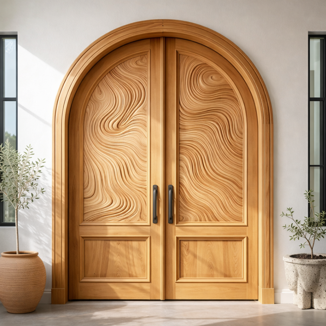 Arched Solid Wood Double Door | Hand-Carved Modern Luxury Entryway Door Hover Image