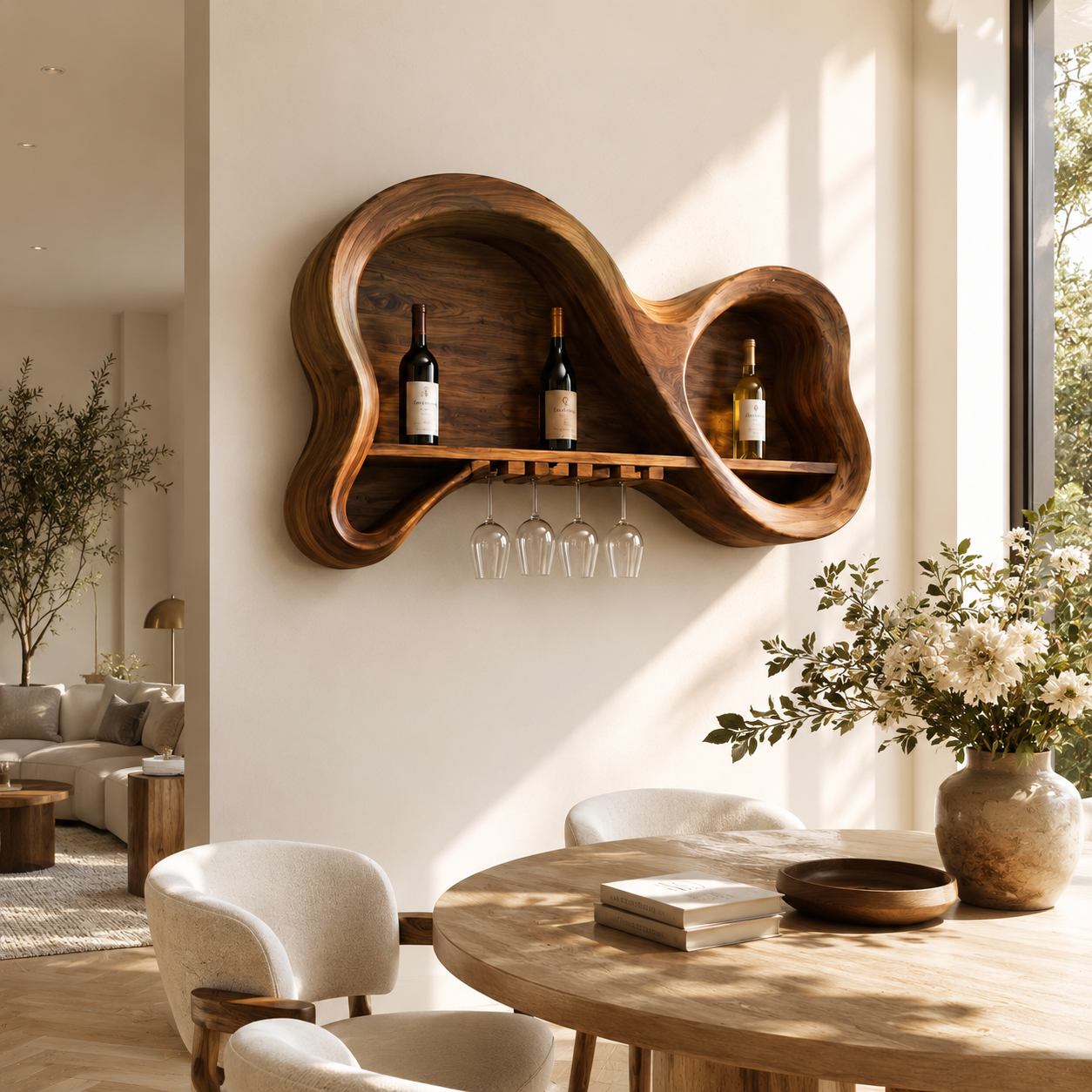 Wall-Mounted Wine Rack – Solid Wood Bottle Holder with Glass Storage