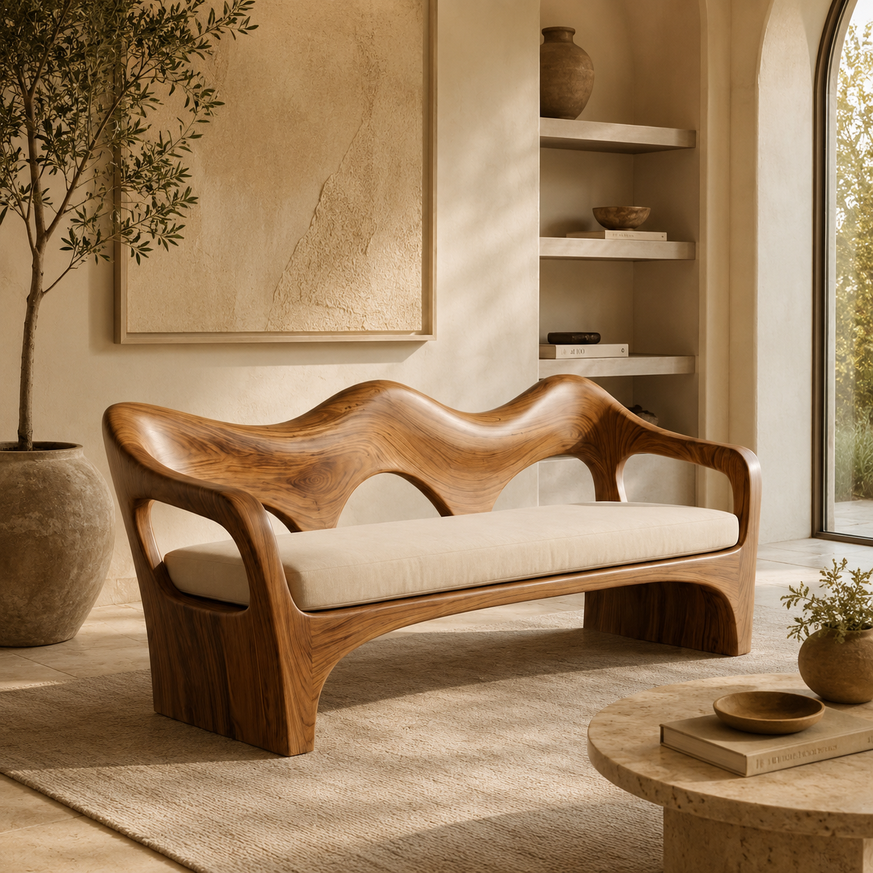 Sculptural Sofa Bench – Solid Wood Bench with Cushioned Seat