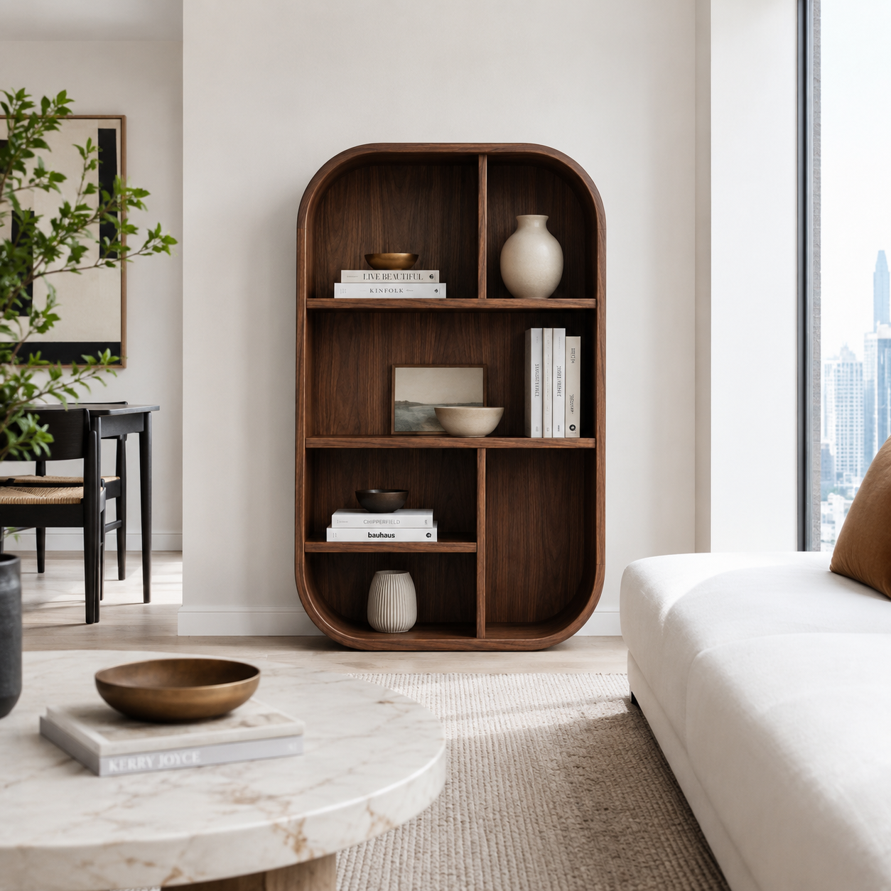 Arched Wood Display Shelf – Solid Wood Bookshelf for Living Room Decor