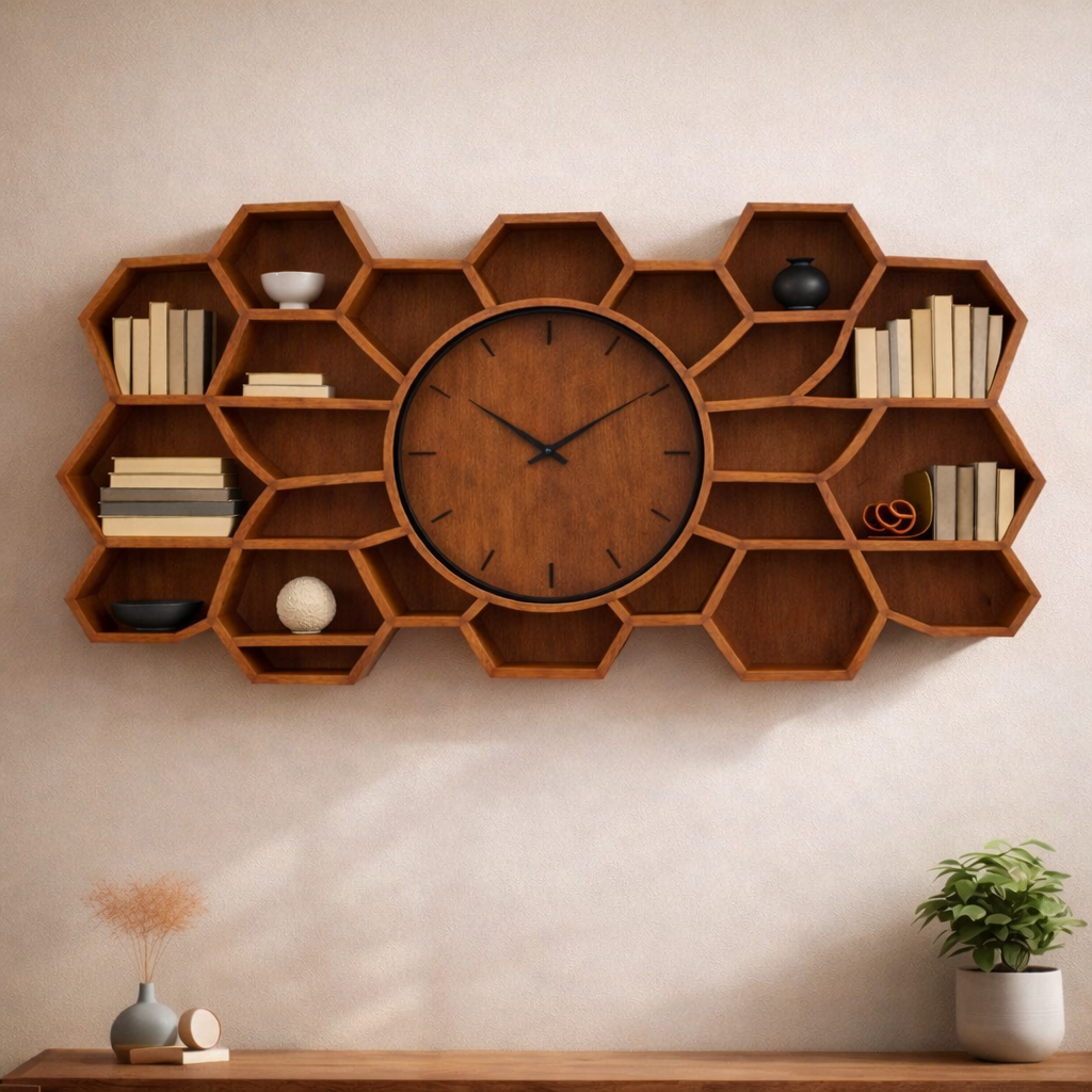 Solid Wood Sculptural Honeycomb Wall Clock – Modern Functional Art