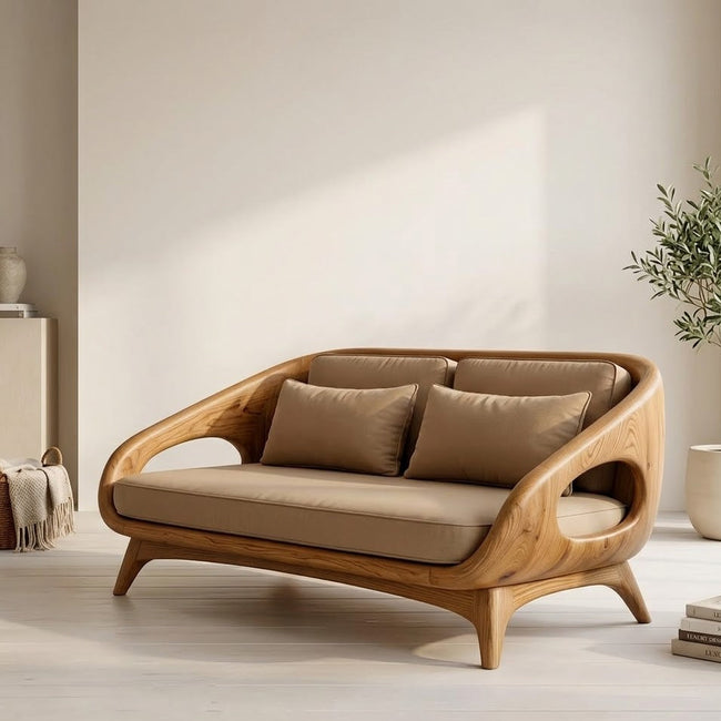 Sculptural Sofa Bench – Solid Wood Lounge Bench with Cushioned Seat Hover Image