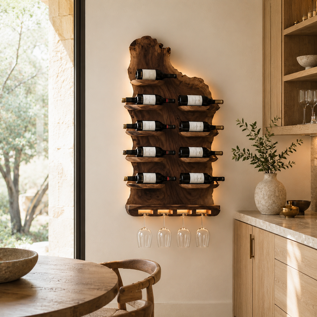 Wall-Mounted Wine Rack – Solid Wood Bottle Holder with Glass Storage Main Image