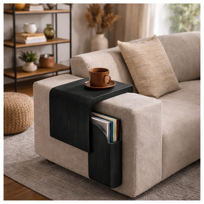 Sofa Armrest Side Table – Solid Wood Table with Storage Pocket Main Image