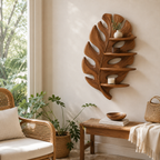 Monstera Leaf Wood Wall Shelf – Solid Wood Floating Display Shelf for Living Room Decor