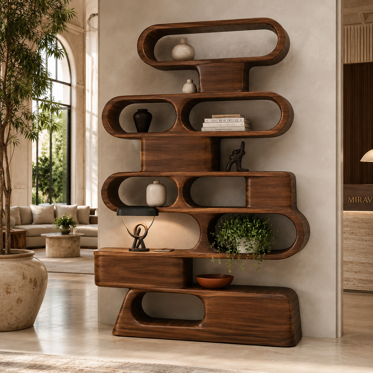 Solid Wood Sculptural Shelving Unit – Organic Wave Design