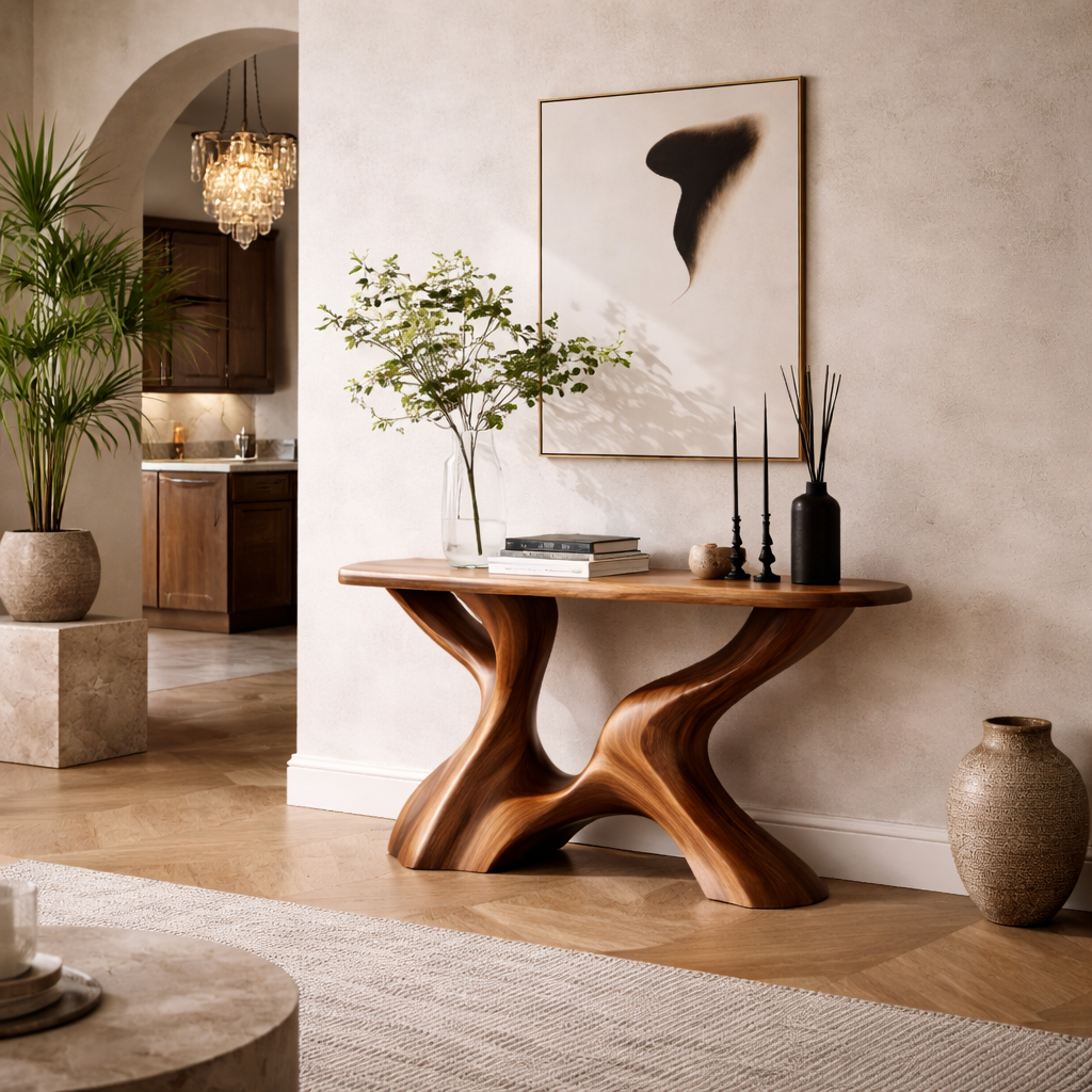 Sculptural Console Table – Solid Wood Artistic Base Table for Entryway Decor