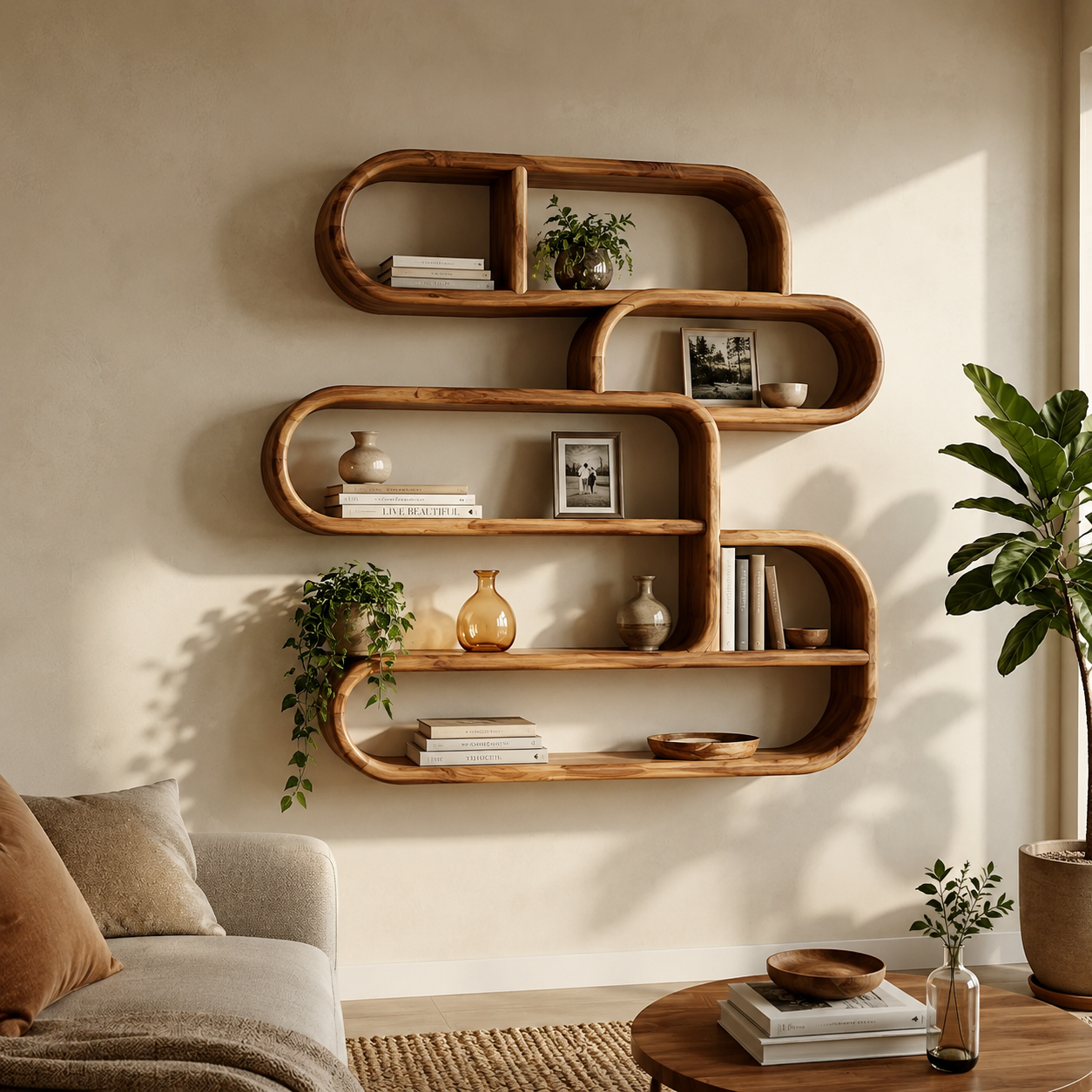Rounded Wood Wall Shelves – Solid Wood Floating Display Shelf Set for Living Room Decor