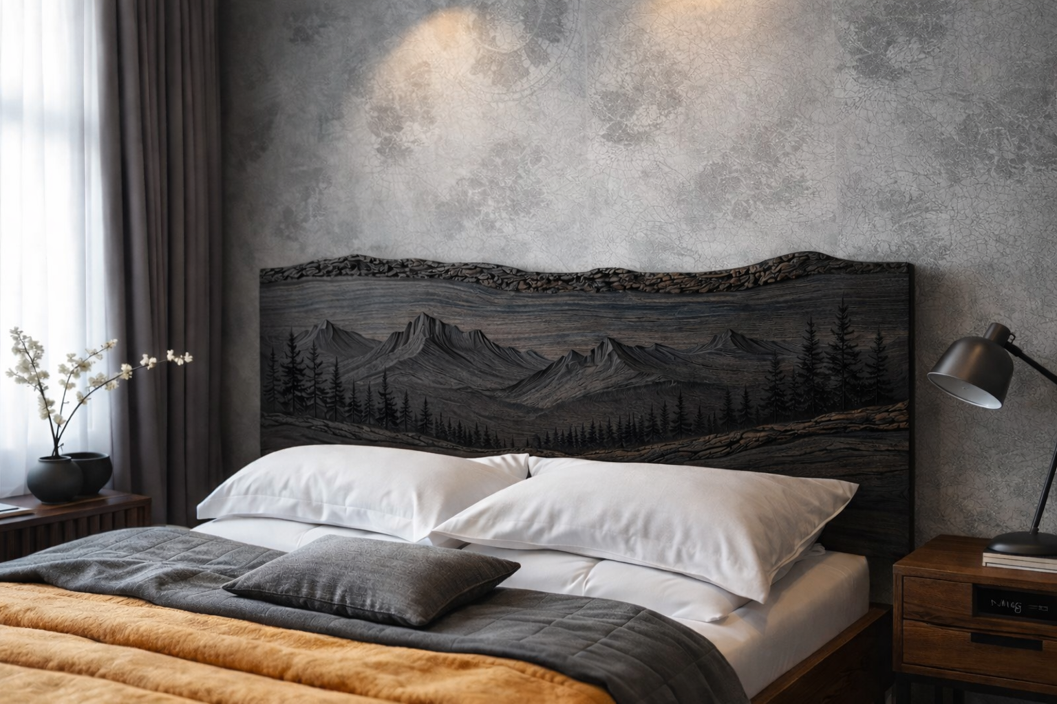 Solid Wood Sculptural Headboard – Nature-Inspired Design