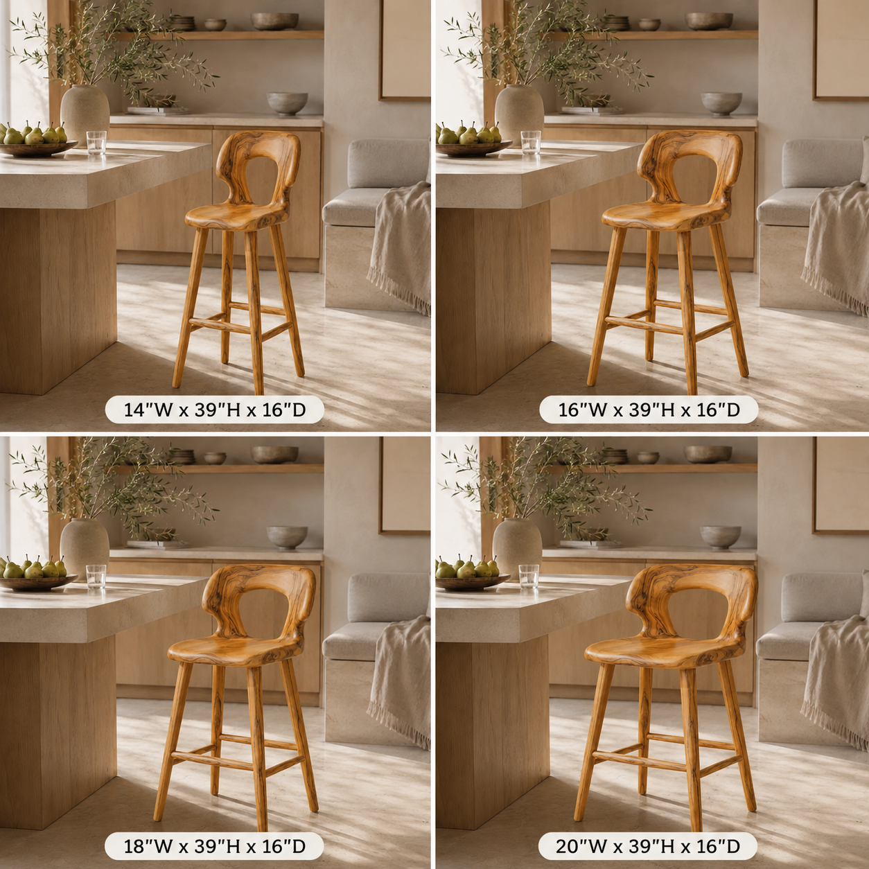 Sculptural Wood Bar Stool – Solid Wood Counter Chair for Kitchen Island Decor