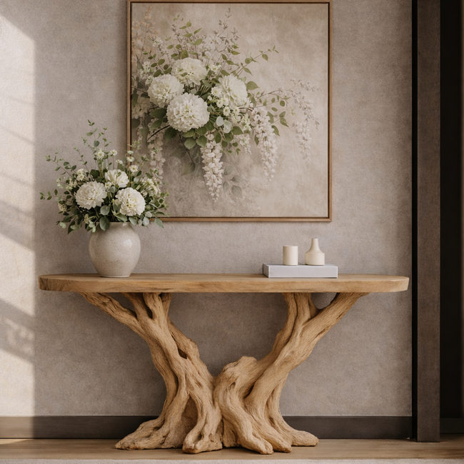 Sculptural Root Wood Console Table – Organic Statement Design Hover Image