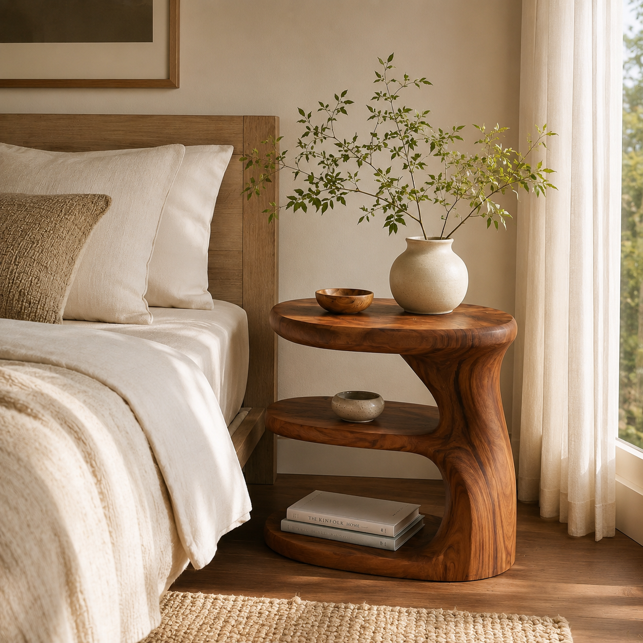 Sculptural Wood Nightstand – Solid Wood Bedside Table for Bedroom Decor
