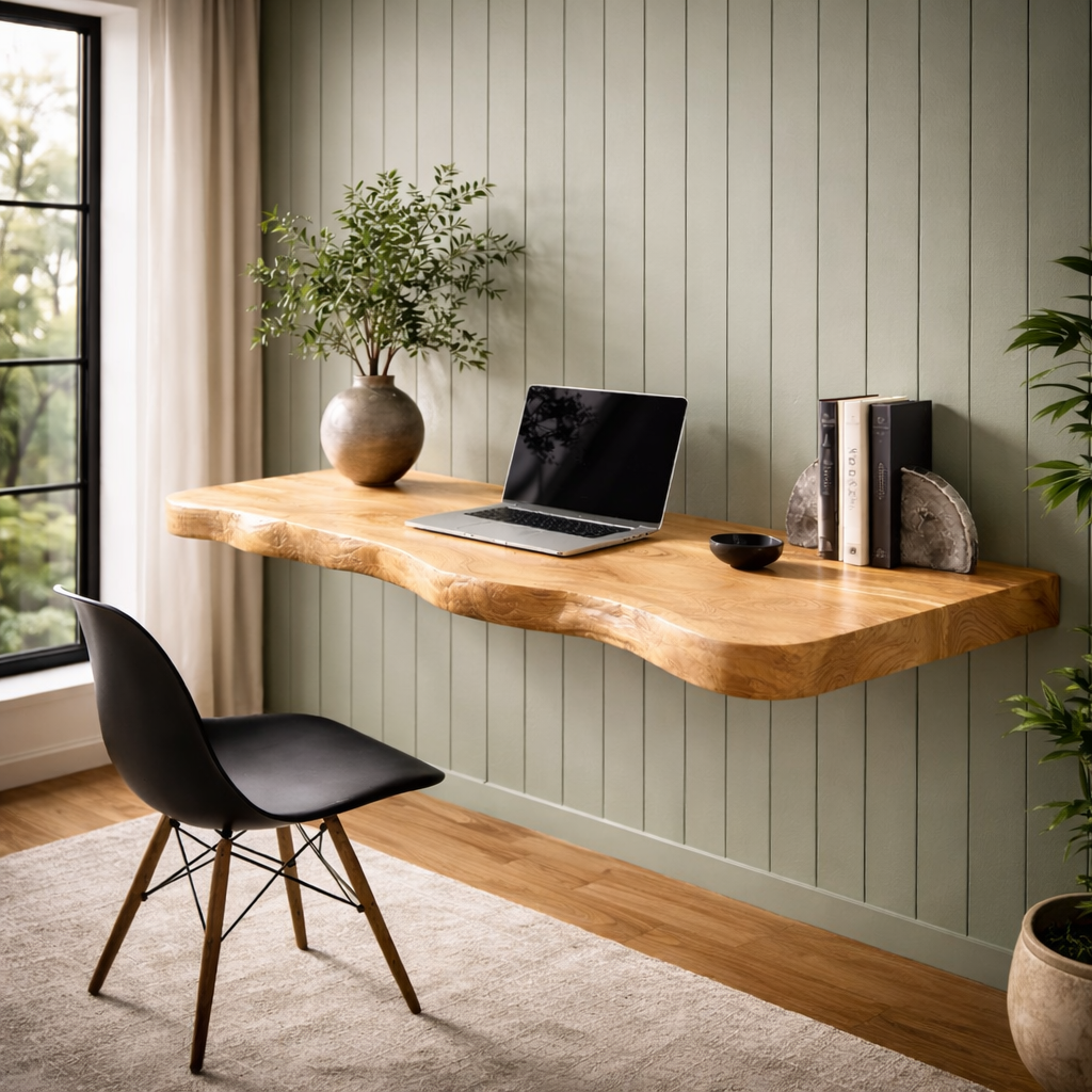 Live Edge Floating Desk – Solid Wood Wall-Mounted Desk for Home Office Decor