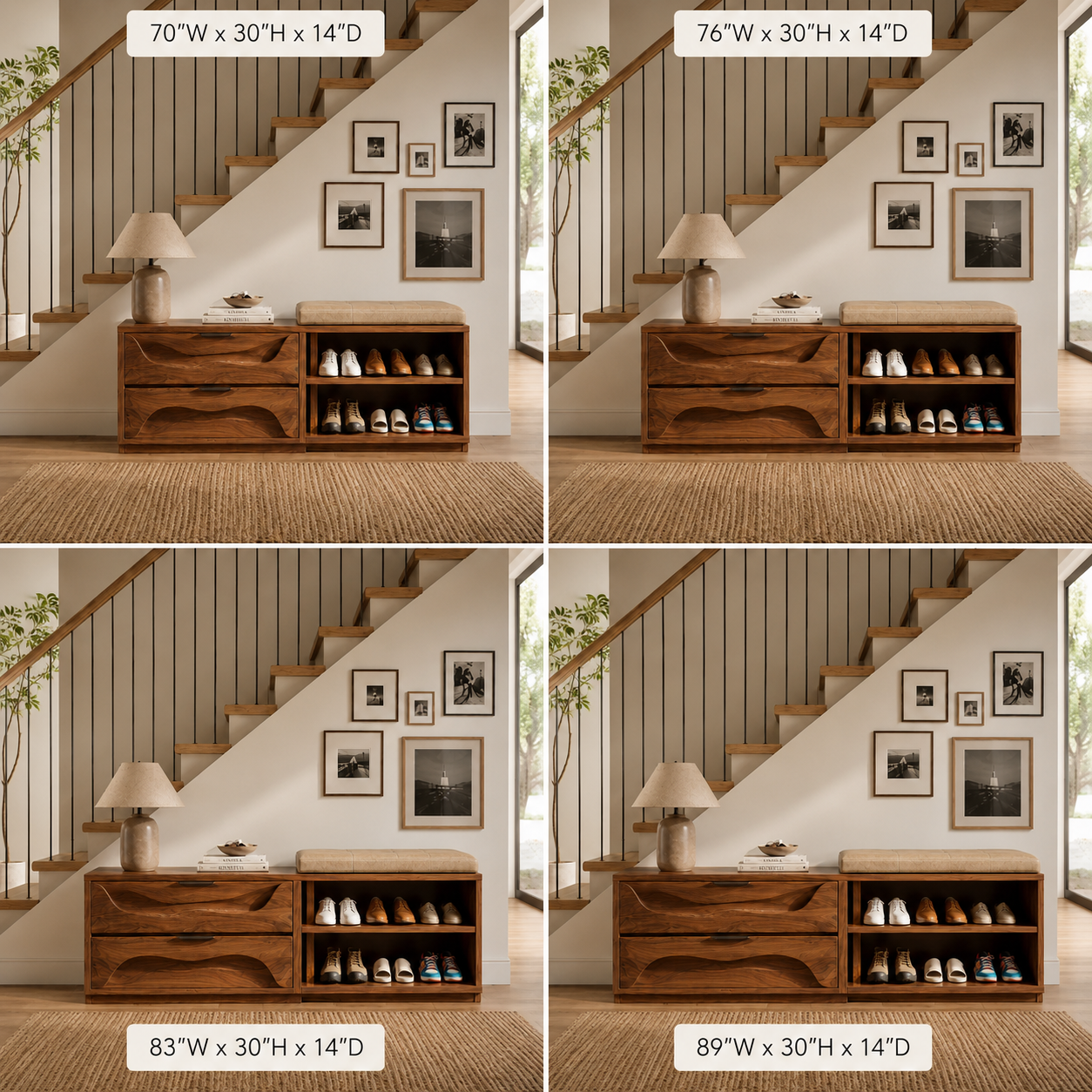 Wood Shoe Storage Bench – Solid Wood Entryway Bench with Drawers and Open Shoe Shelves
