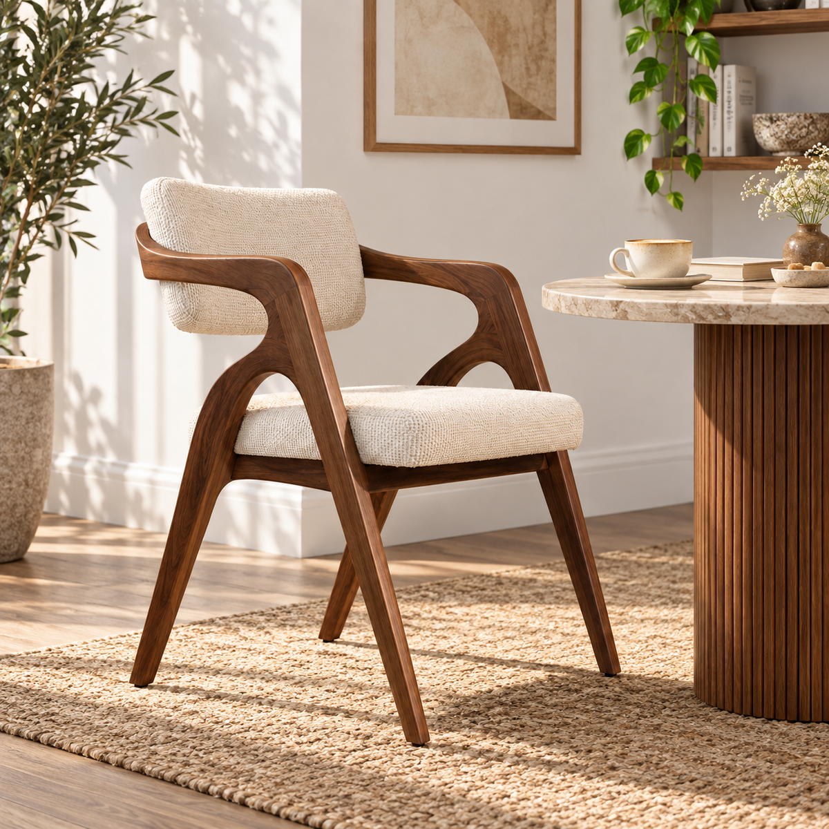 Sculptural Walnut Wood Upholstered Armchair