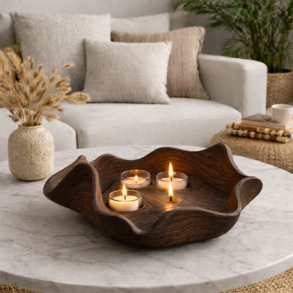 Lotus Candle Bowl – Hand-Carved Wooden Tealight Holder