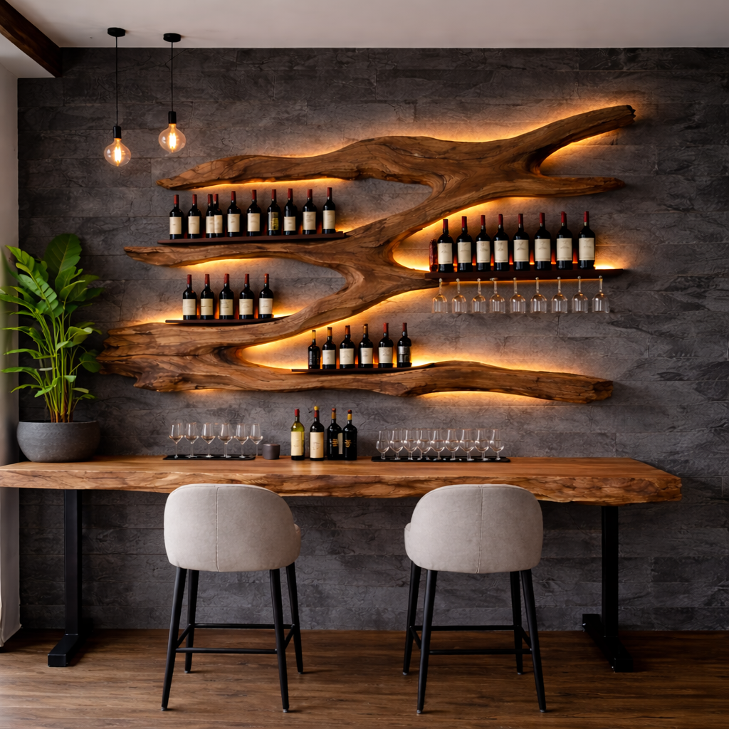 Wooden Wall-Mounted Wine Rack – Sculptural Display