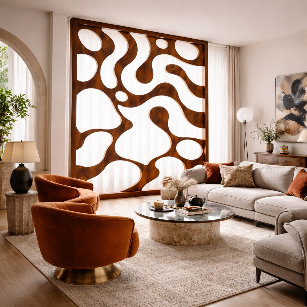 Carved Wooden Divider – Modern Natural Room Divider Screen
