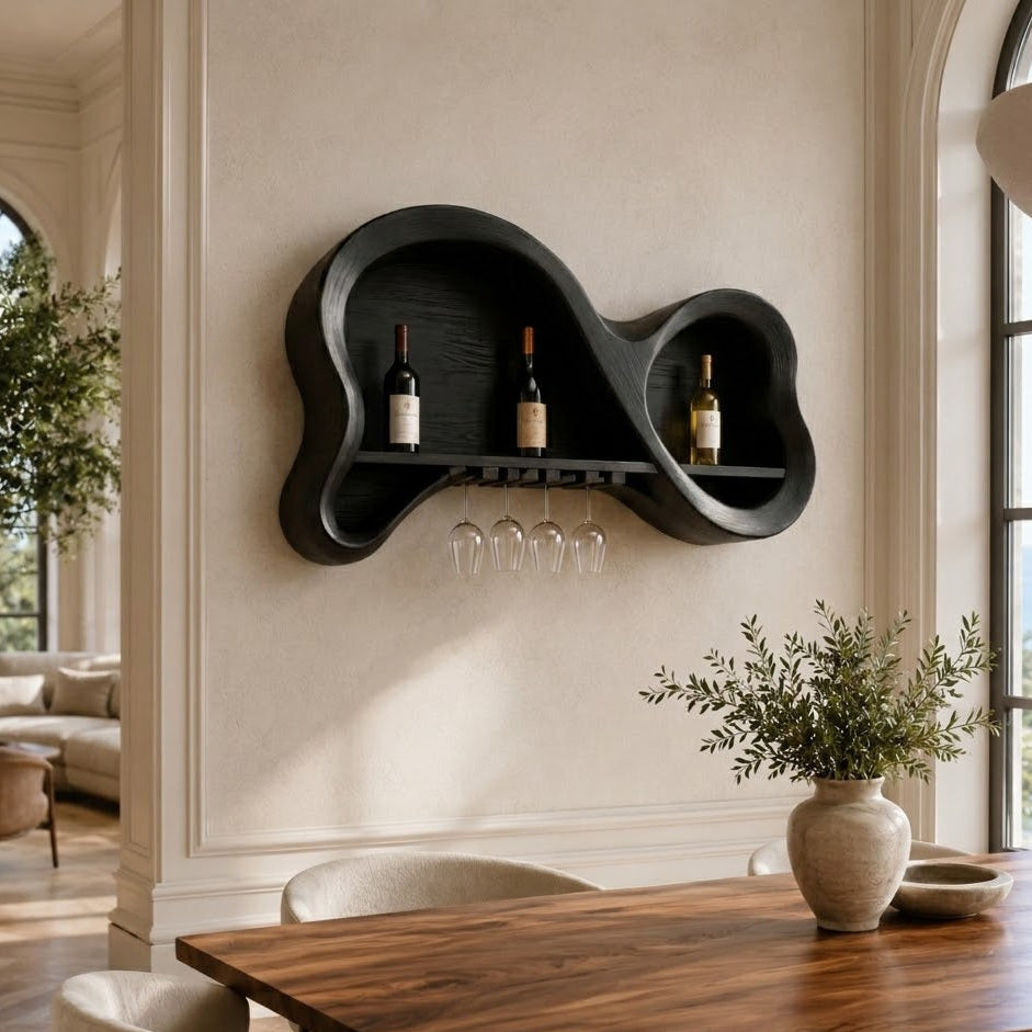 Wall-Mounted Wine Rack – Solid Wood Bottle Holder with Glass Storage