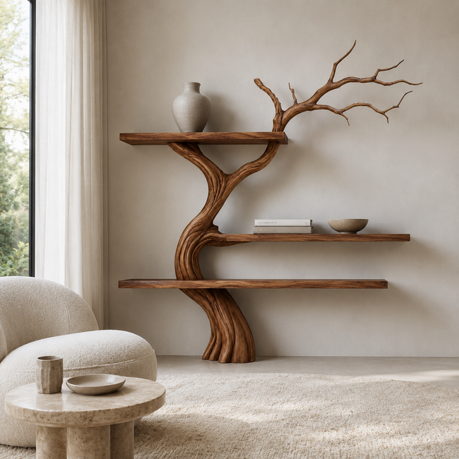 Tree Branch Wood Bookshelf – Solid Wood Wall Shelf with Sculptural Tree Design Main Image