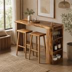 Live Edge Wood Bar Table Set – Solid Wood Home Bar Counter with Storage Shelves and Stools