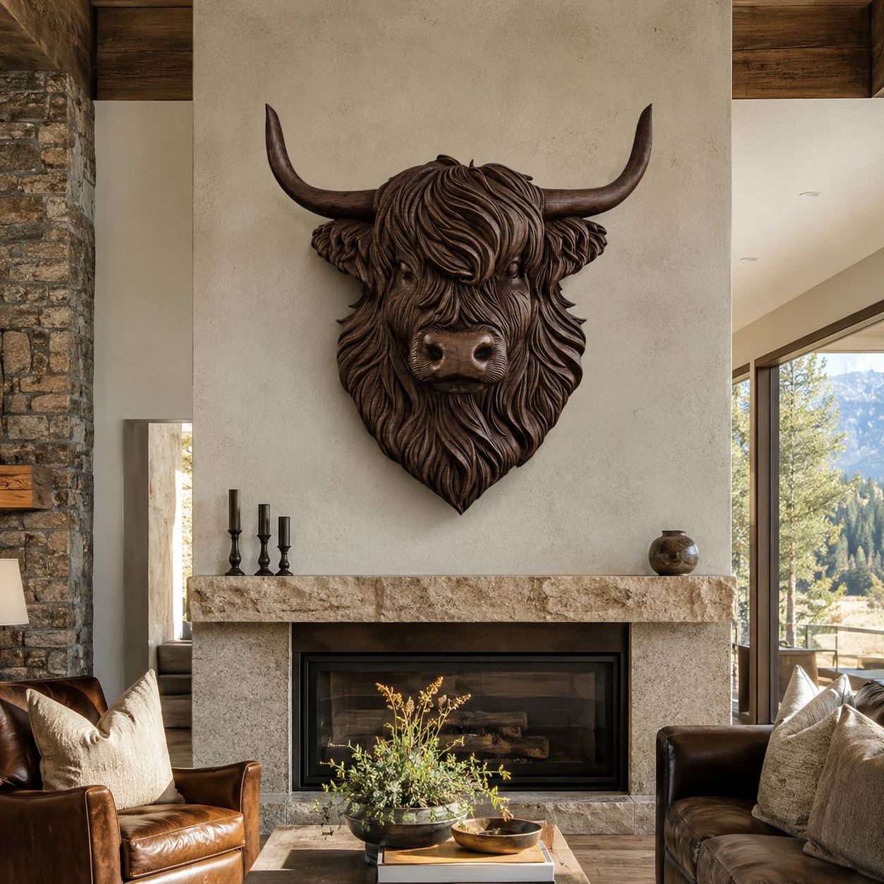 Highland Cow Wood Wall Art – Solid Wood 3D Animal Head Sculpture for Living Room Decor
