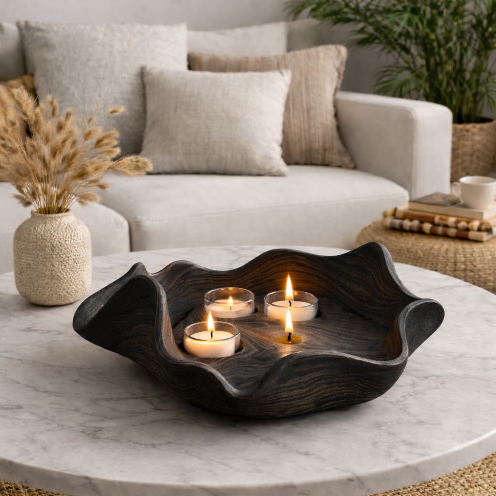 Lotus Candle Bowl – Hand-Carved Wooden Tealight Holder