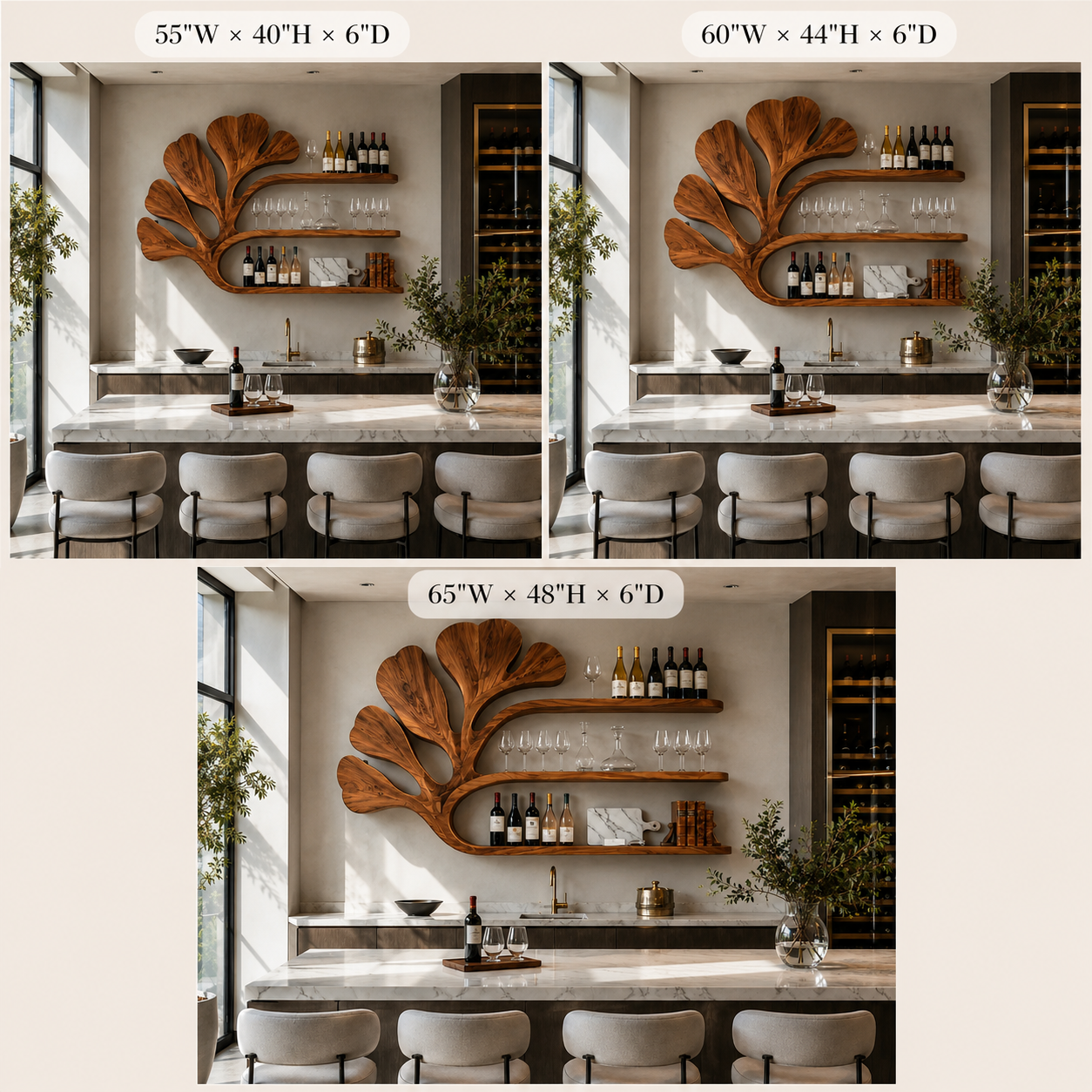 Ginkgo Leaf Wood Bar Shelf – Solid Wood Wall Mounted Wine Display Shelf for Kitchen Decor