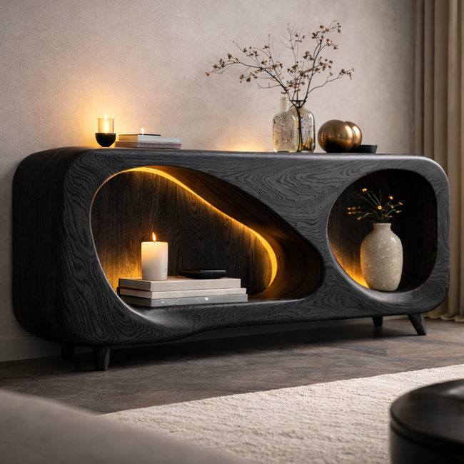 Sculptural Fireplace TV Stand – Solid Wood Media Console for Living Room Main Image