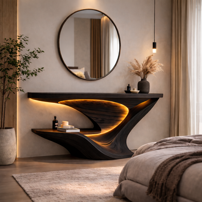 Modern Sculptural Wooden Console Table – Artistic Solid Wood Entryway Table for Living Room or Hallway Main Image