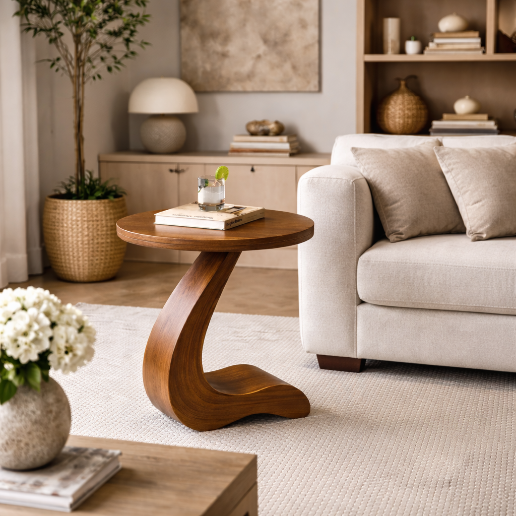 Modern Sculptural Solid Wood C-Shape Side Table for Sofa & Living Room